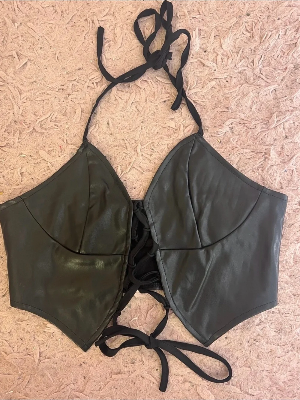 SHEIN Black Faux Leather Lace-Up Halter Bikini Top